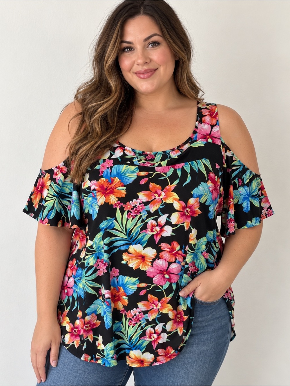 Plus Size Black Floral Cold-Shoulder Tunic Top